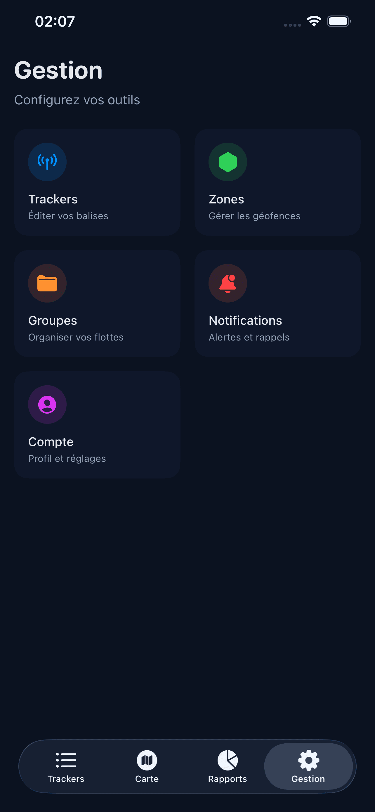 Page gestion avec modules de configuration