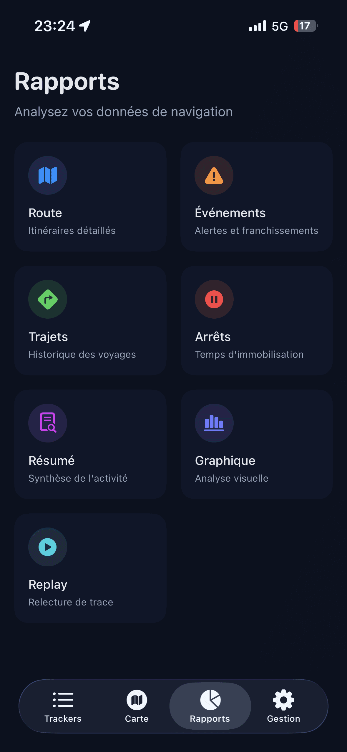 Page rapports avec les 7 modules d'analyse